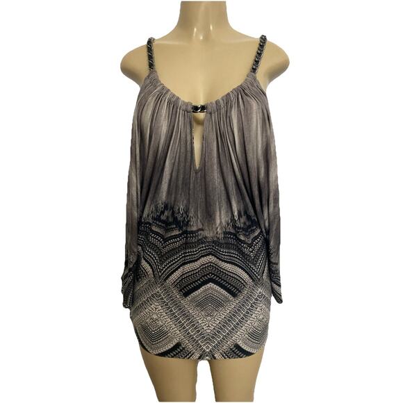 Sky Top Blouse 3/4 Dolman Sleeve Cold Shoulder Gray Chain Neck Geometric M - Picture 1 of 9